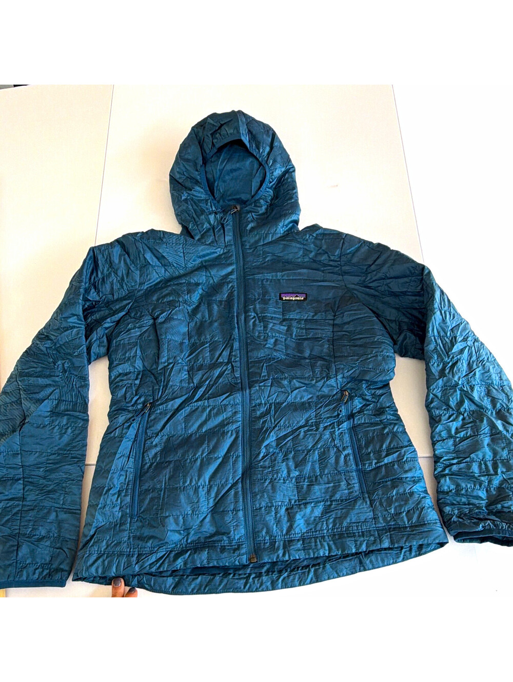 Patagonia Nano Puff Womenโs Blue Solid Hooded Full-Zip Puffer Jacket Pockets M